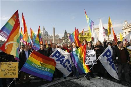 Italian ARCIGAY gay rights association activists hold banners and flags in Rome 