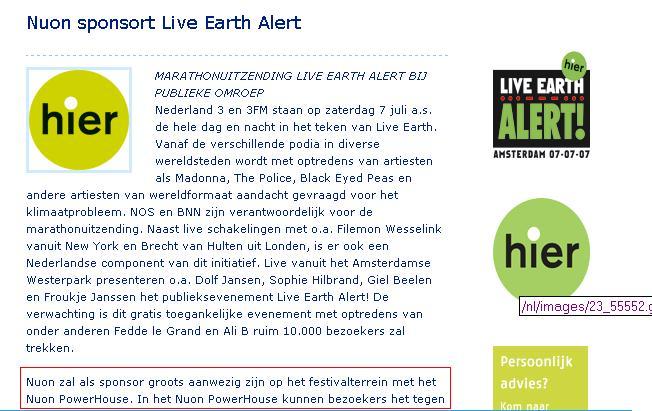 Nuon hoofdsponsor Live Earth (website Nuon)