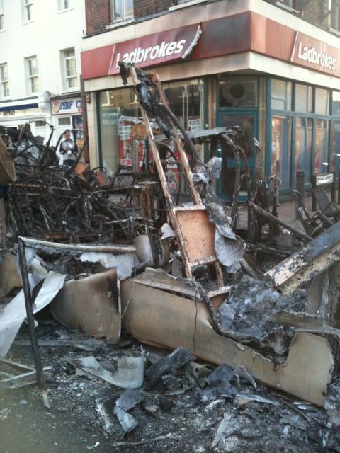 A burnt out double-decker bus