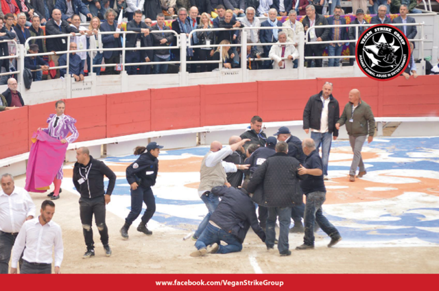 Tweede actie van de avond, een Nederlandse activist springt de arena in